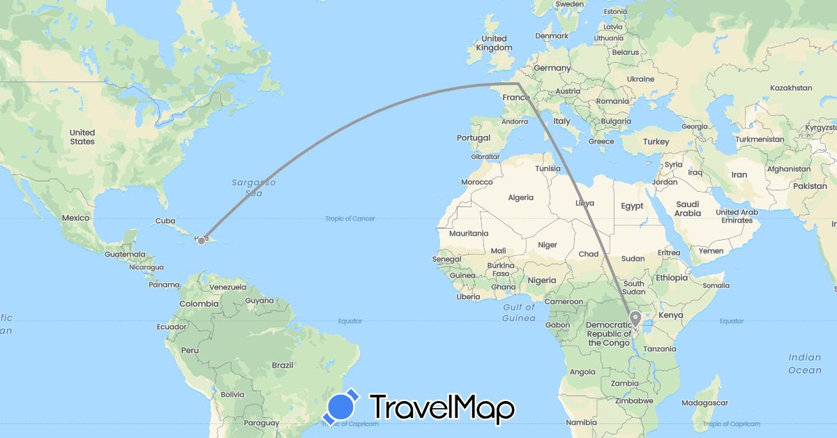 TravelMap itinerary: driving, plane in France, Haiti, Rwanda (Africa, Europe, North America)